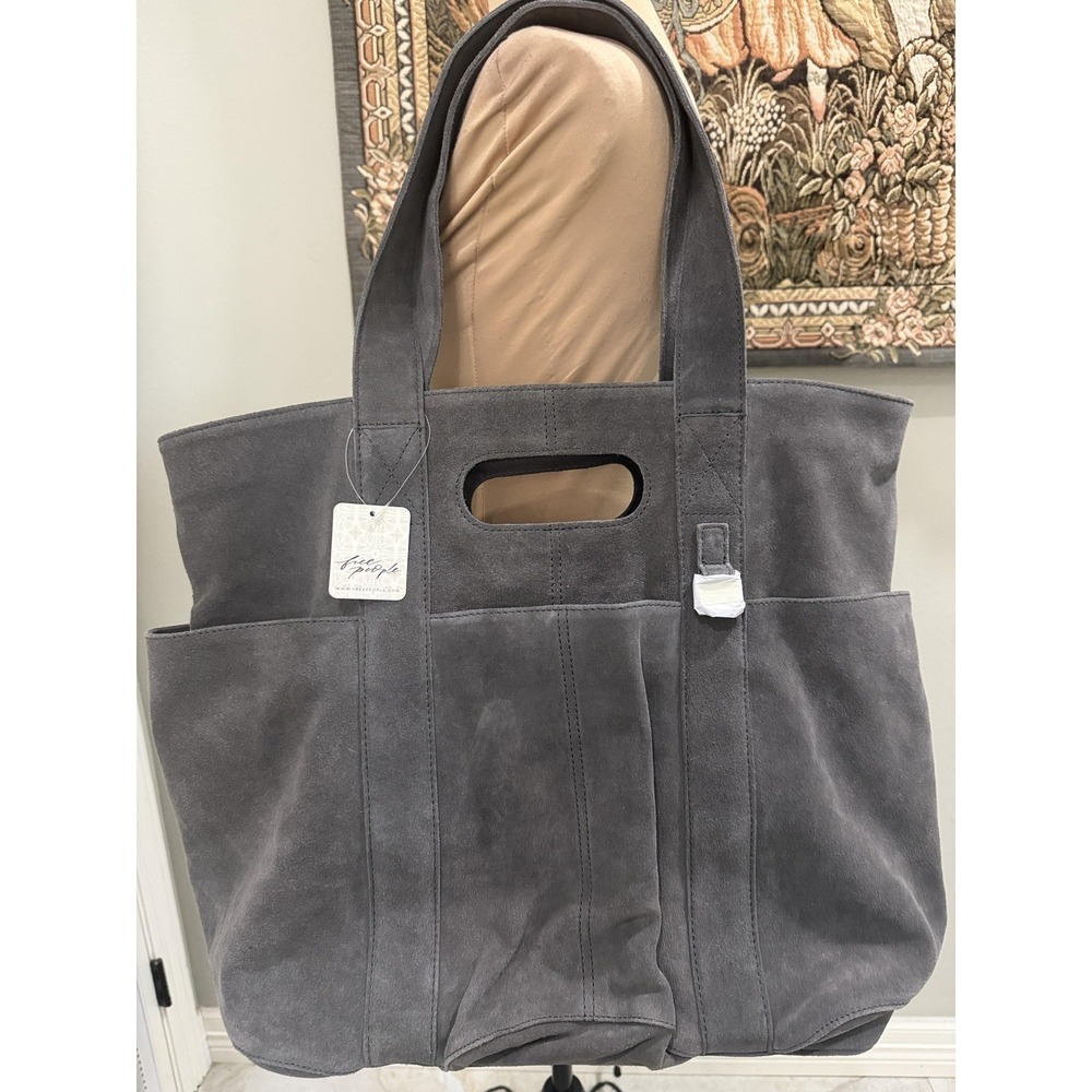 Free People Tote Bag Womens‎ Large Charcoal Suede Outer Pocket Shoulder Purse